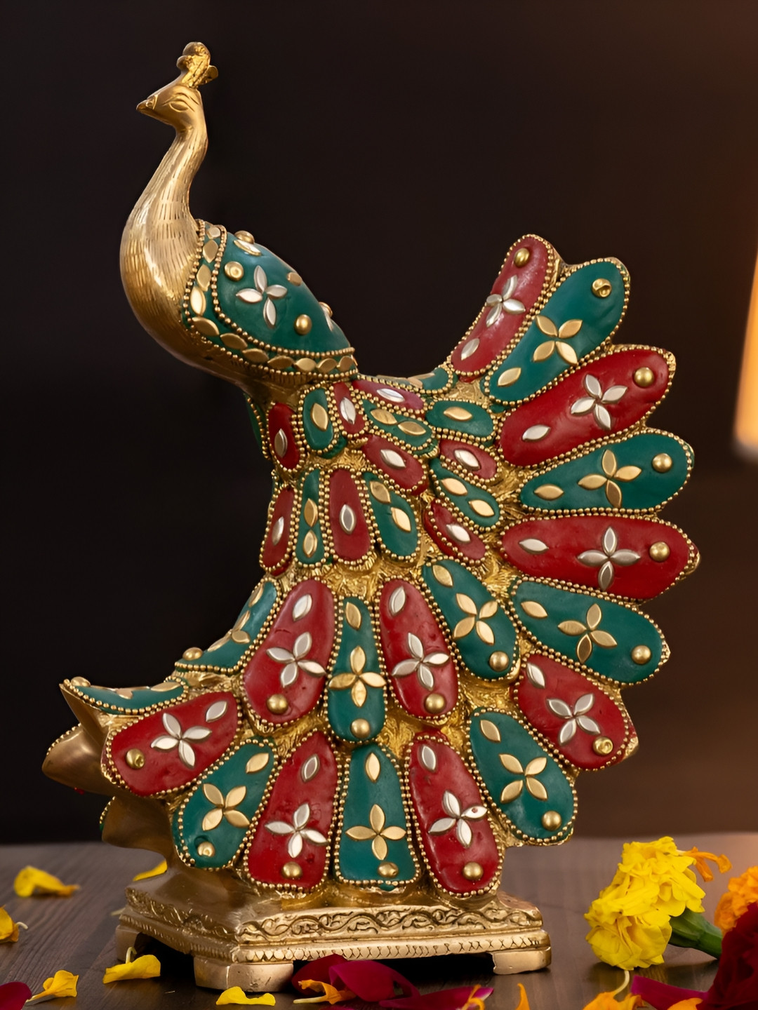 The Advitya Peacock with Mosaic Work Gold Brass Metallic Living Room Large Showpiece - 10 Inches