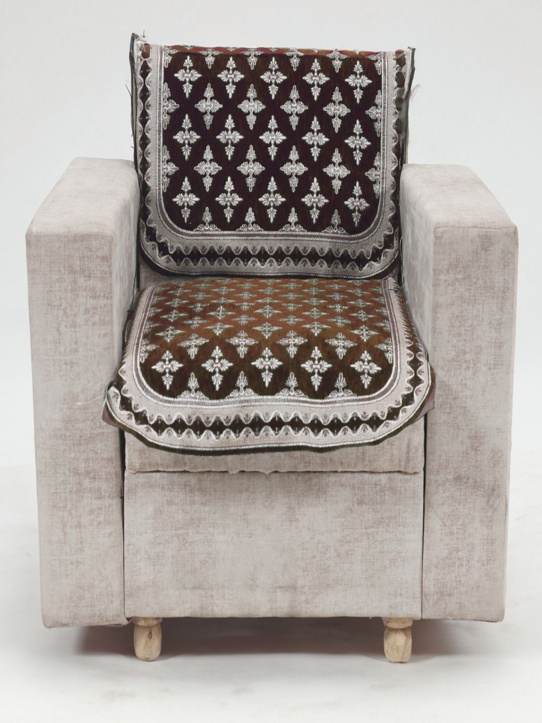 Fashion Throw Brown & White 2 Pieces Printed Jacquard 1 Seater Sofa Covers