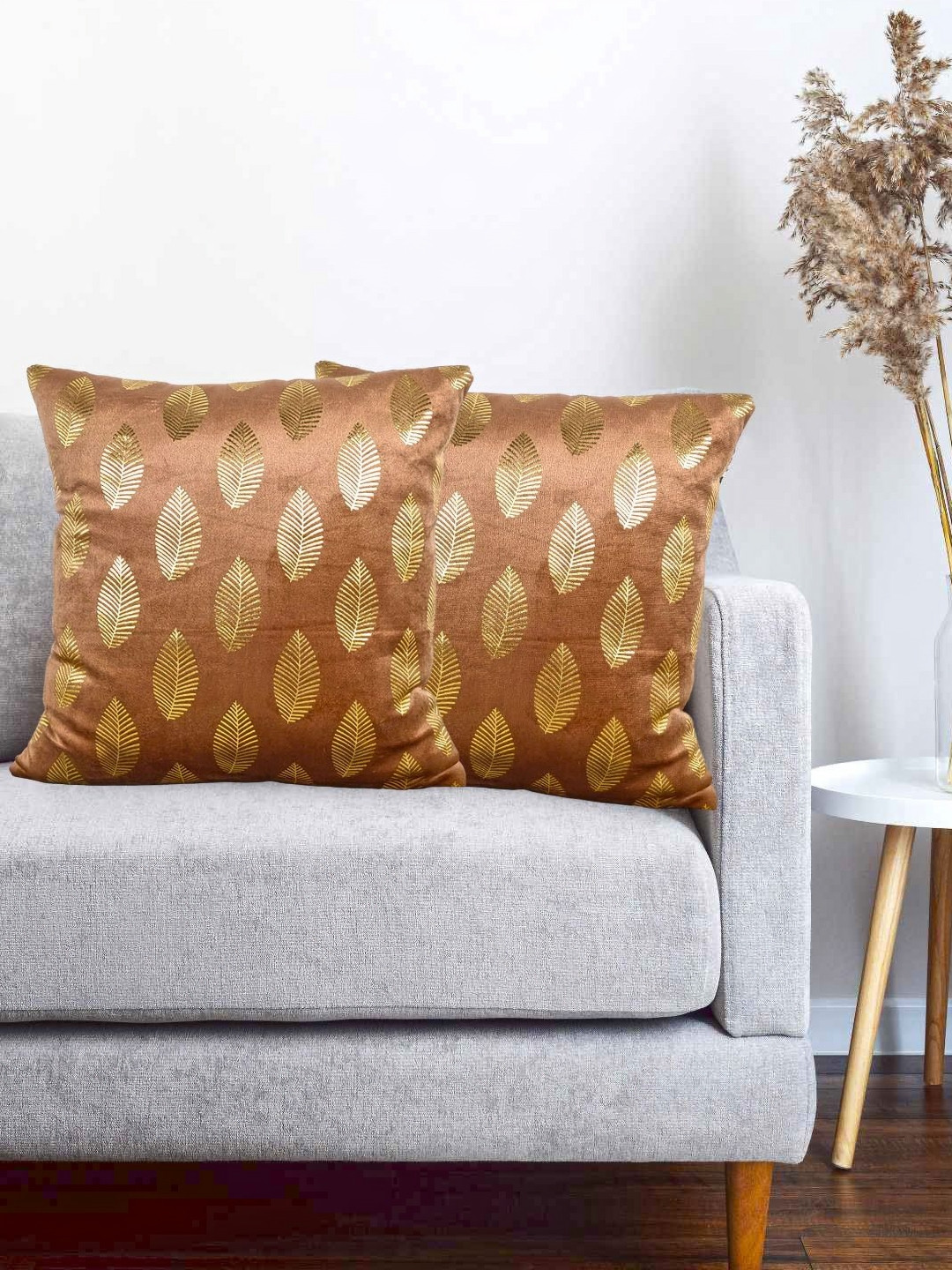 Vinayaka Fab Gold-Toned And Peach 2 Pieces Floral Velvet Square Cushion Covers