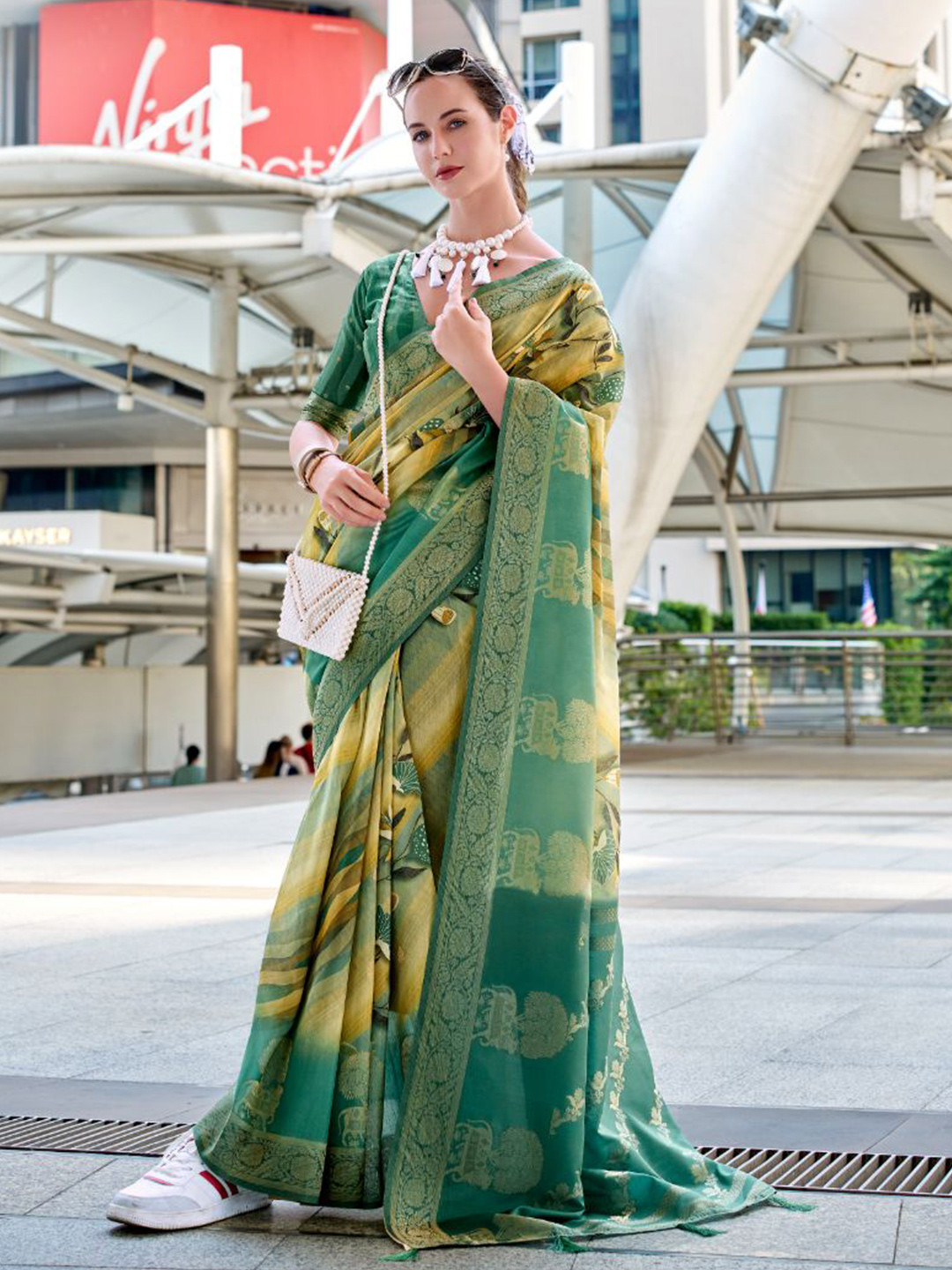 NK Textiles Woven Design Zari Block Print Saree