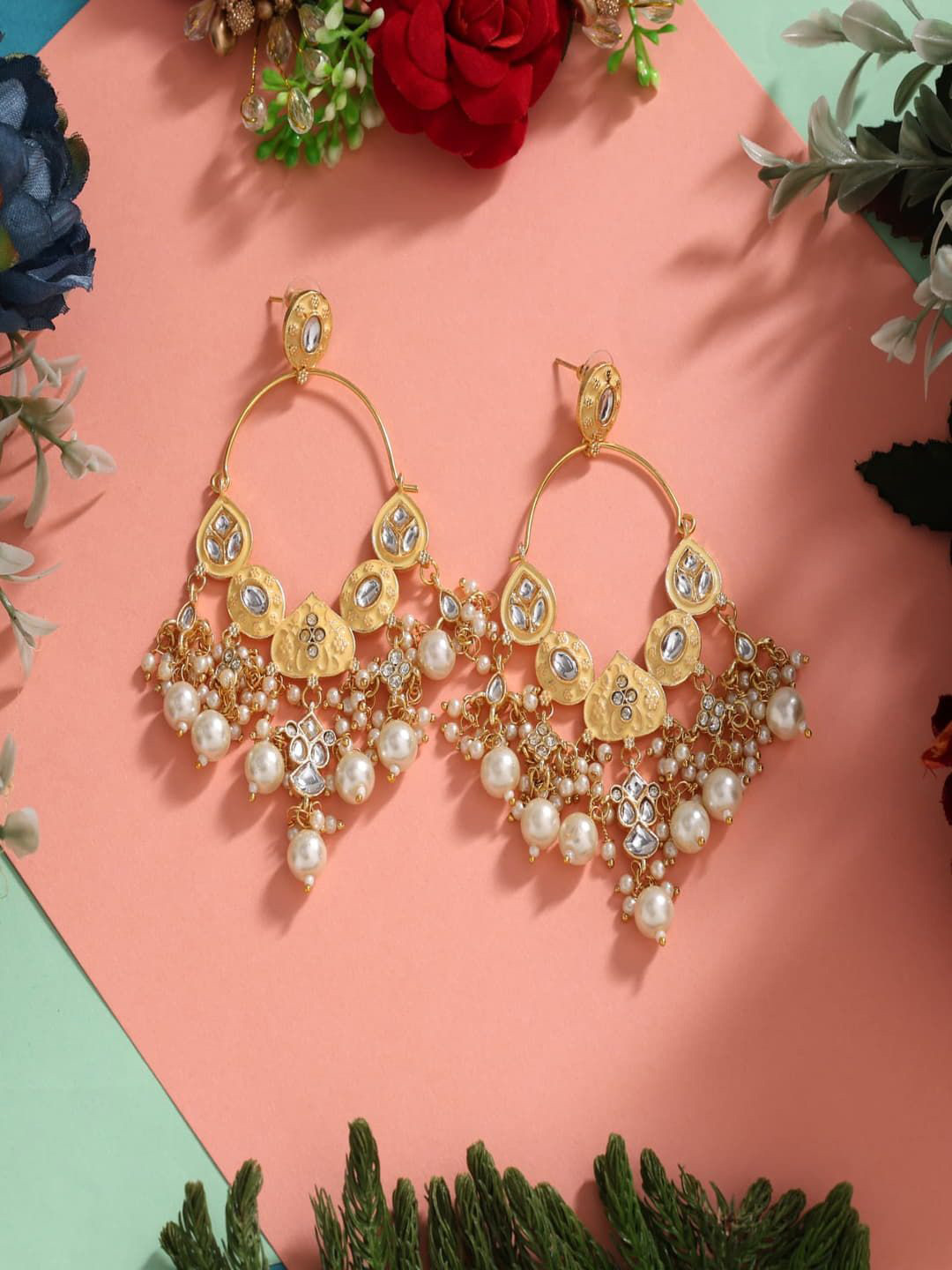 HOUSE OF REE Gold-Plated Artificial Beaded & Kundan Studded Contemporary Shaped Chandbalis