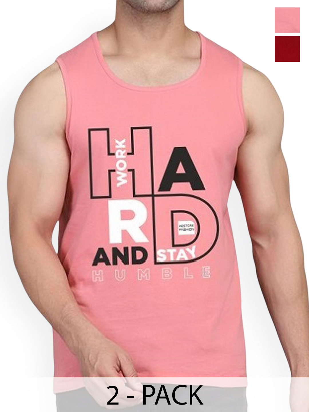 WOOSTRO Pack Of 2 Printed Combed Cotton Gym Vest RS26 CMB (HARD PEACH) (HARD MAROON)