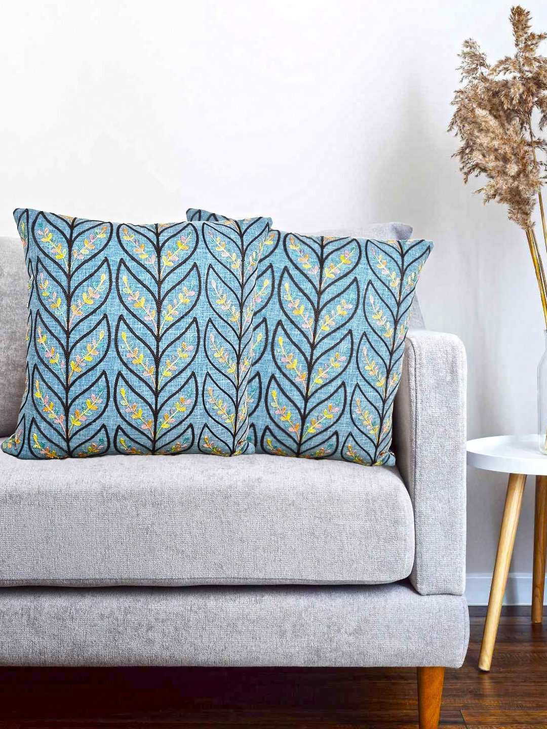 Vinayaka Fab Blue And Yellow 2 Pieces Embroidered Linen Square Cushion Covers