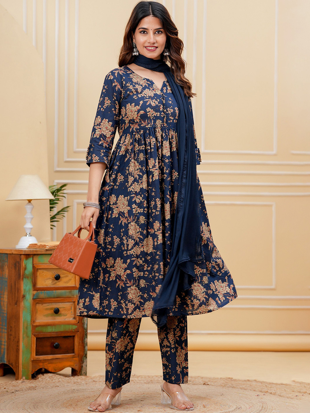 Nayo Floral Printed Empire Pure Cotton Kurta with Trousers & Dupatta