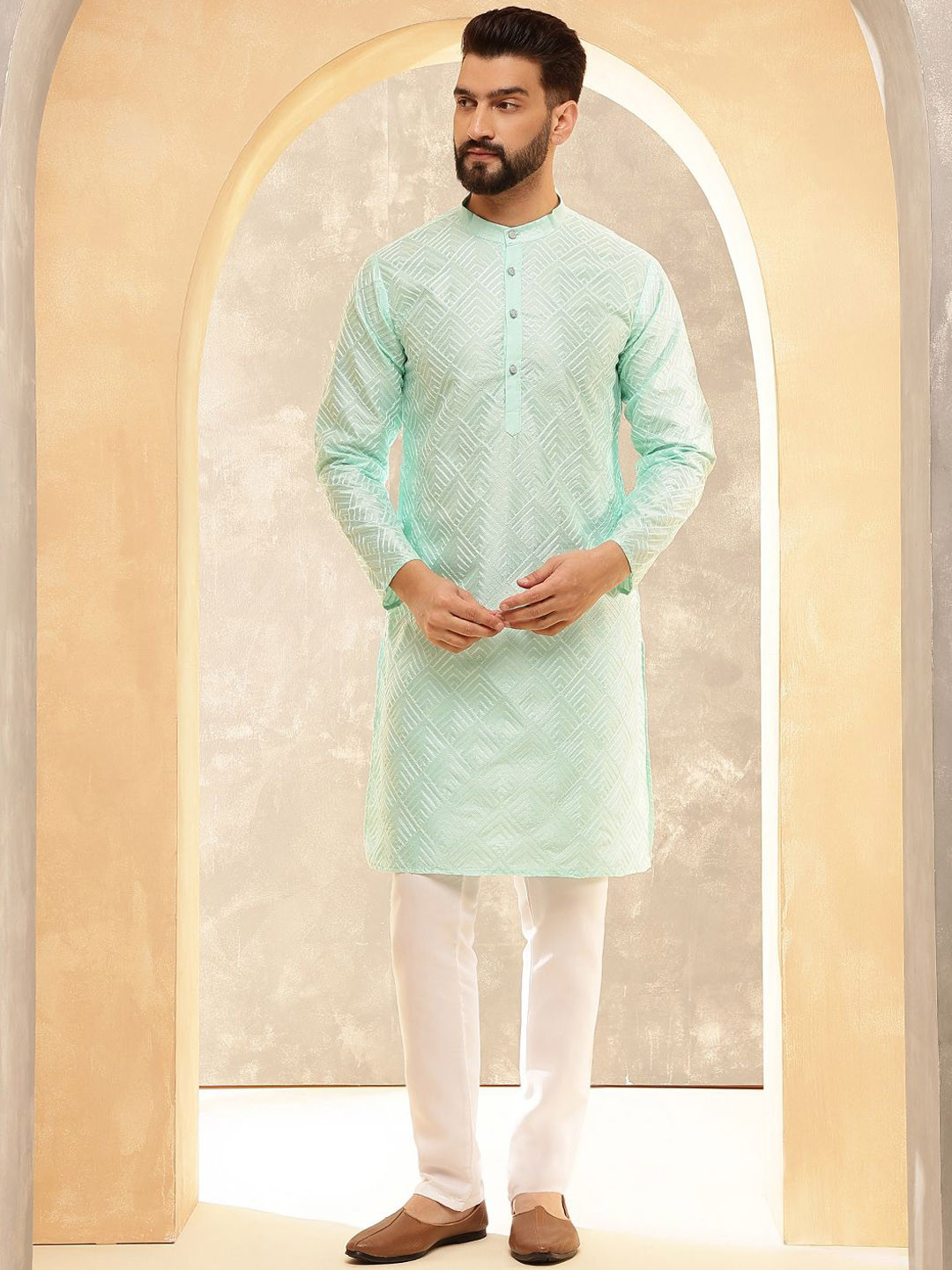 Anouk Sea Green & White Band Collar Geometric Embroidered Straight Kurta
