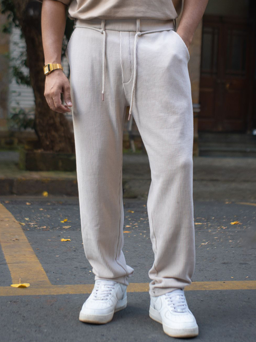 Powerlook Men Light Beige Corduroy Regular Fit Track Pant