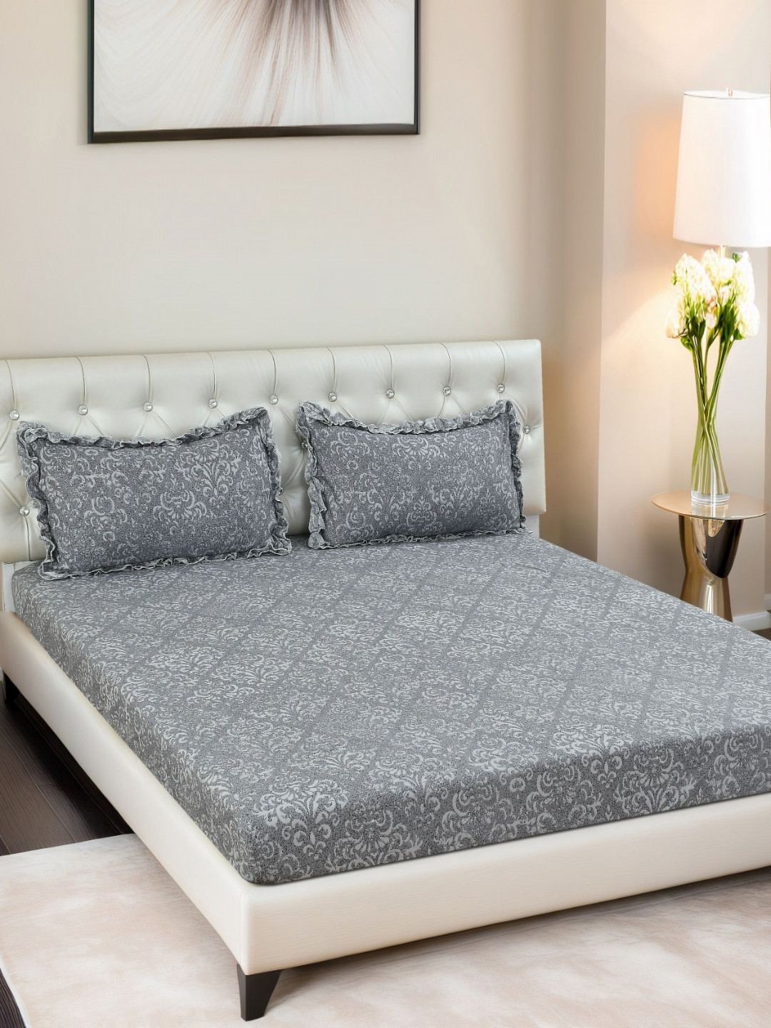 Innovative Edge Grey Floral Cotton Wrinkle Free 160 TC Fitted King Superfine Bedsheet with 2 Pillow Covers-72 x 78 inches