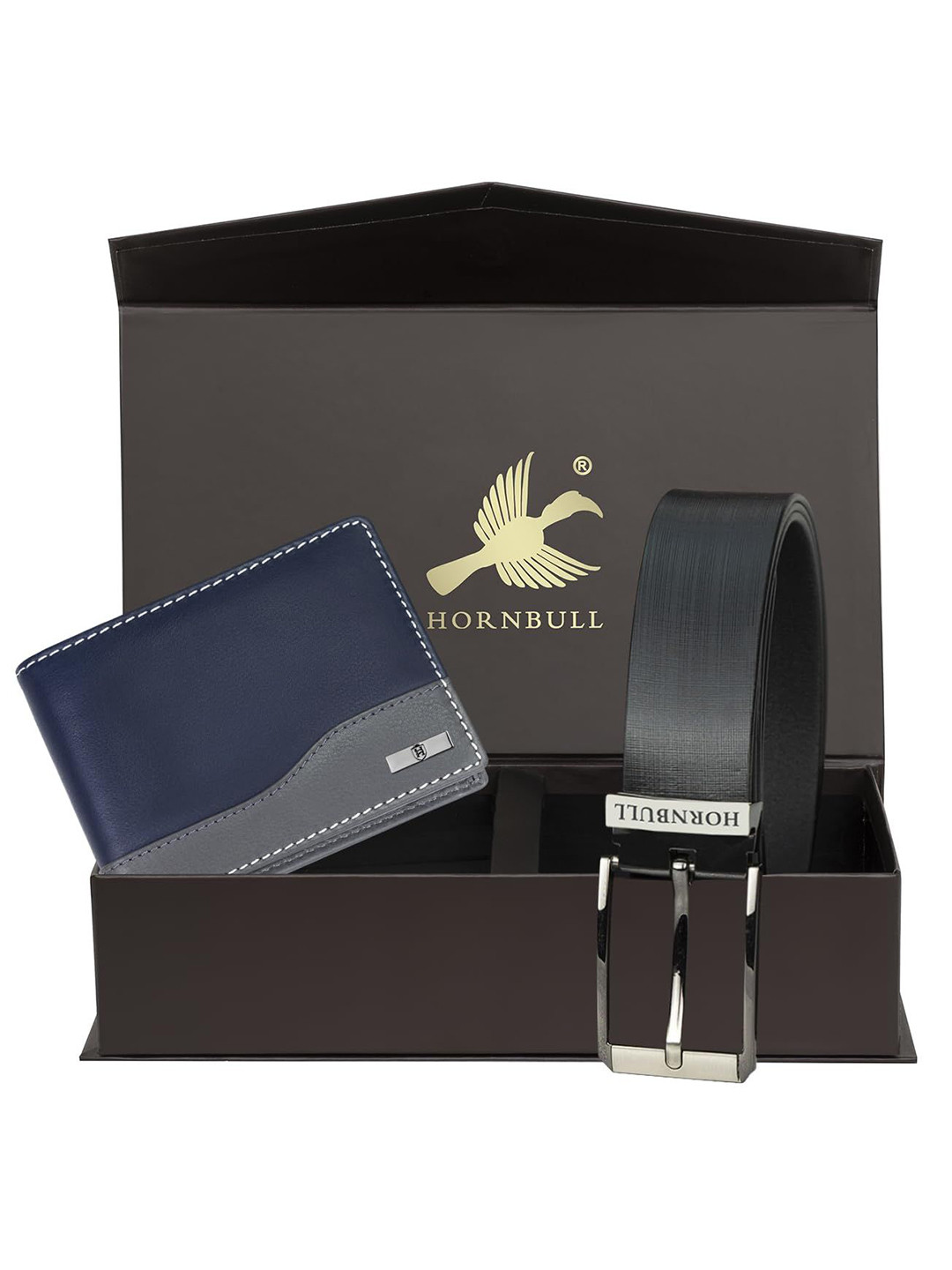 Hornbull Buttler Leather RFID Protected Navy Wallet & Black Belt Accessory Gift Set
