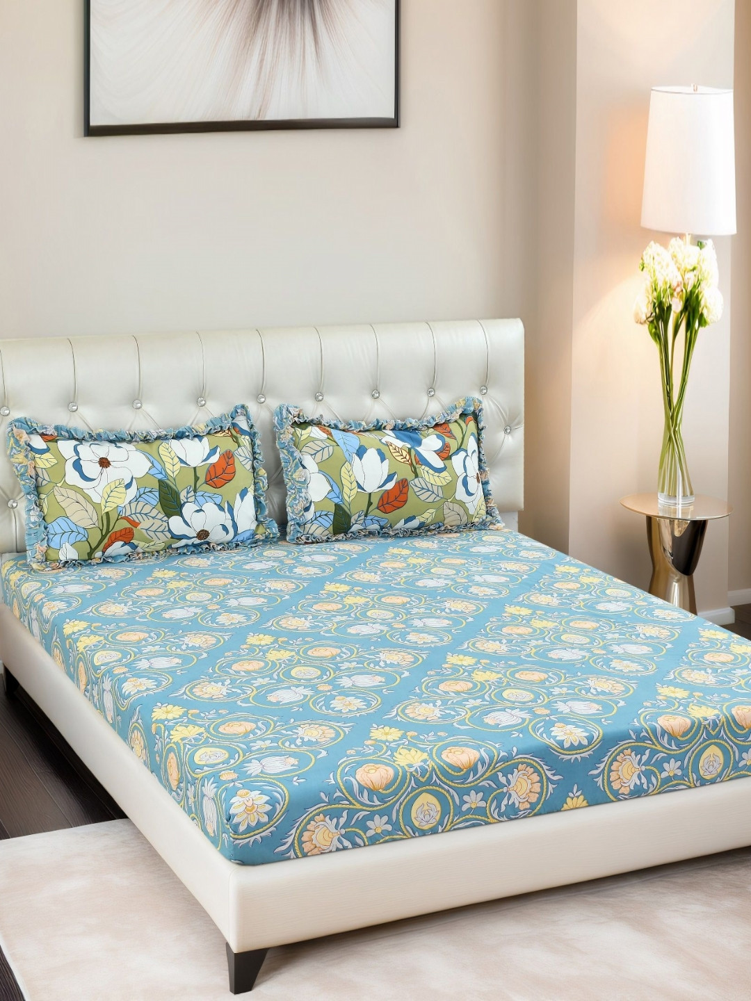 Innovative Edge Blue Floral Cotton 160 TC Fitted Queen Superfine Bedsheet with 2 Pillow Covers-78 x 72 inches