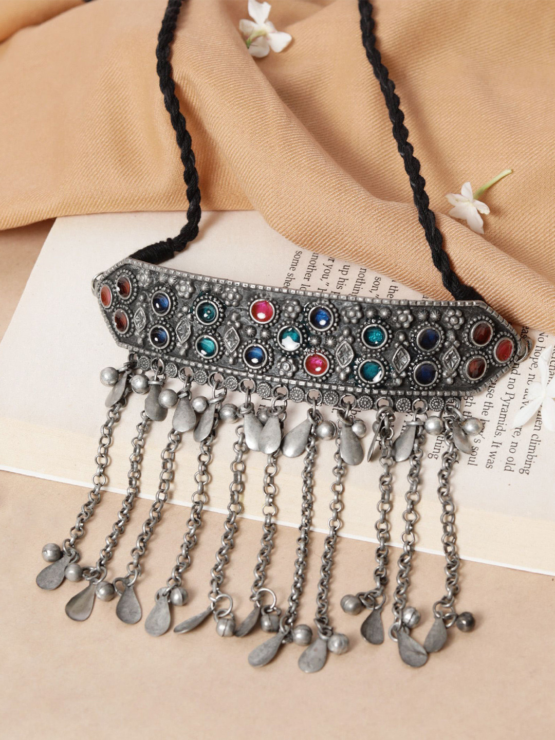 Saagah German Silver Artificial Stones Studded & Beaded Meenakari Work Necklace