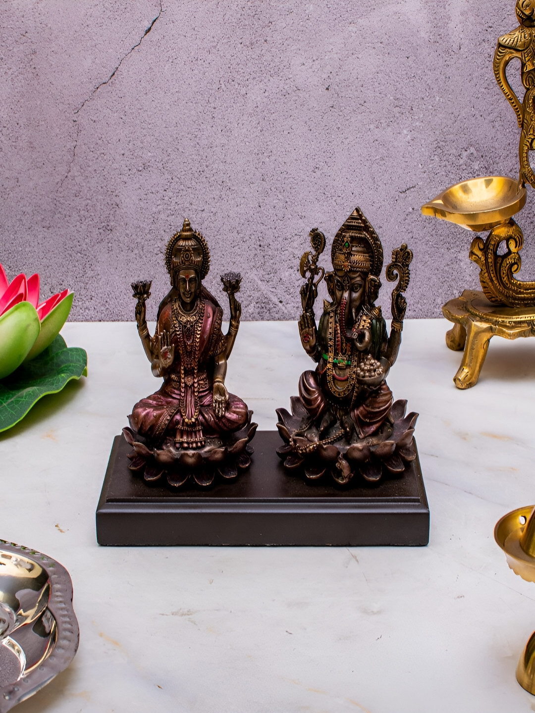 Craftlayout Laxmi Ganesha Sitting on Lotus Metal Prayer Room Small Showpiece - 4.5 Inches