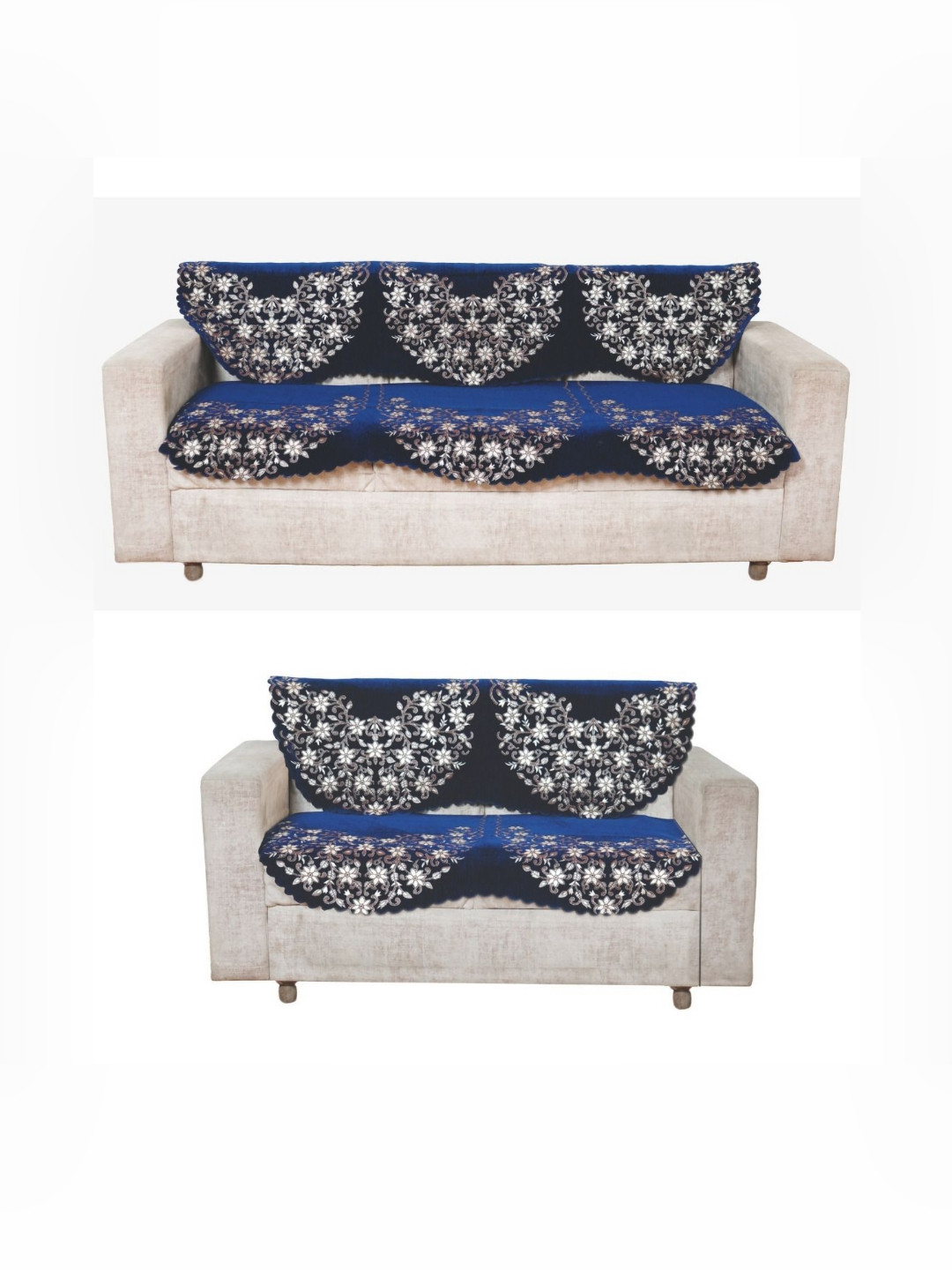 Fashion Throw Navy Blue 4 Pieces Floral Embroidered Five Seater Jacquard Sofa Cover