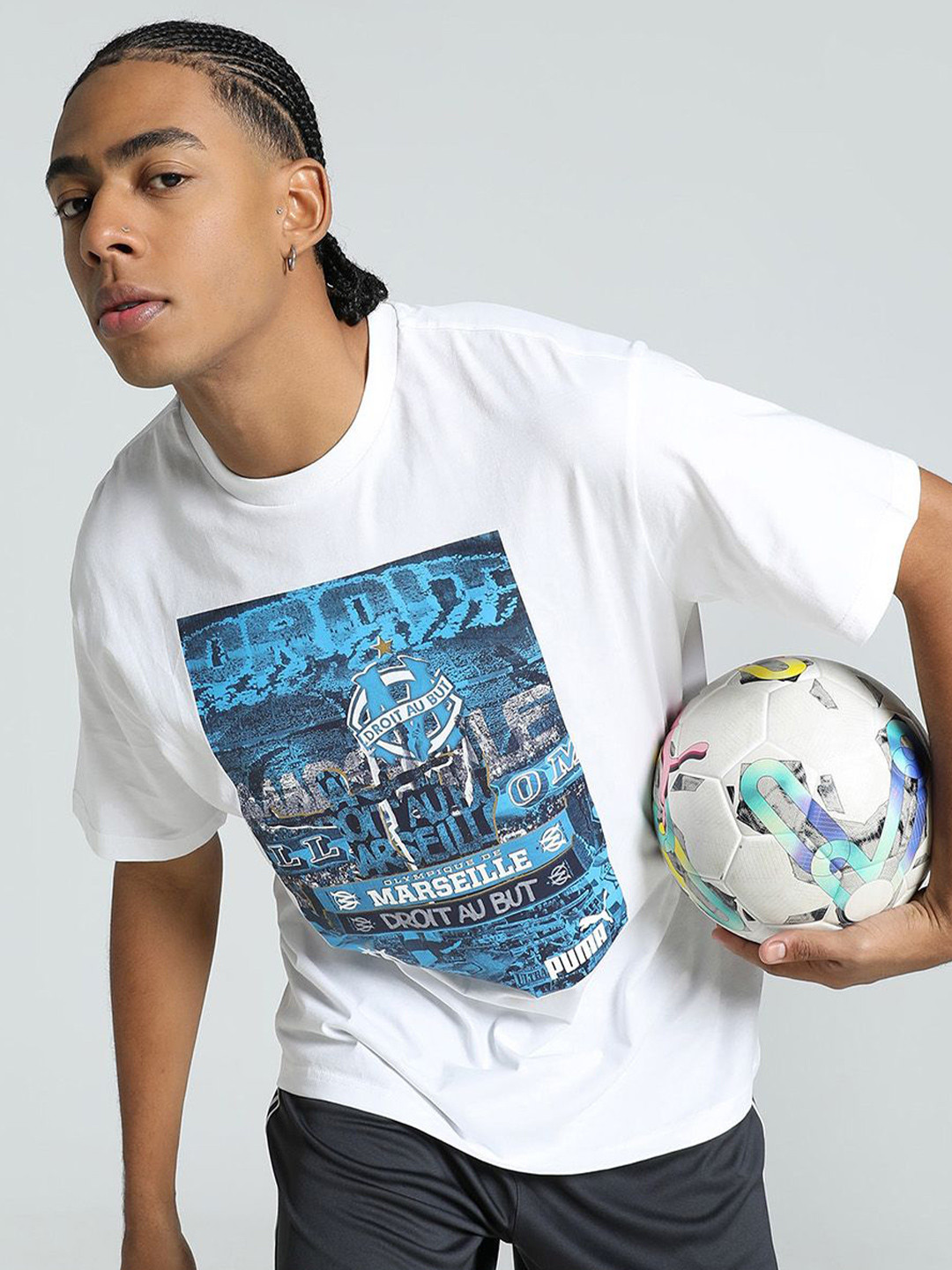 Puma Olympique De Marseille Men Graphic Printed Pure Cotton Relaxed Fit Football T-Shirt