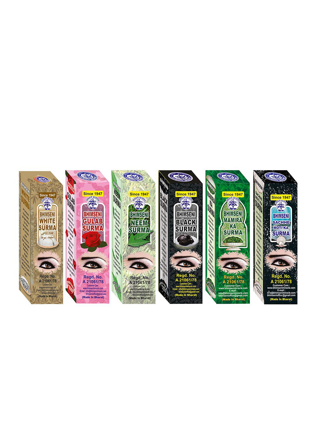 Bhimseni Karyalay Set Of 6 Black, White, Neem, Mamira Sachhe Moti & Gulab Surma-1.5 g Each