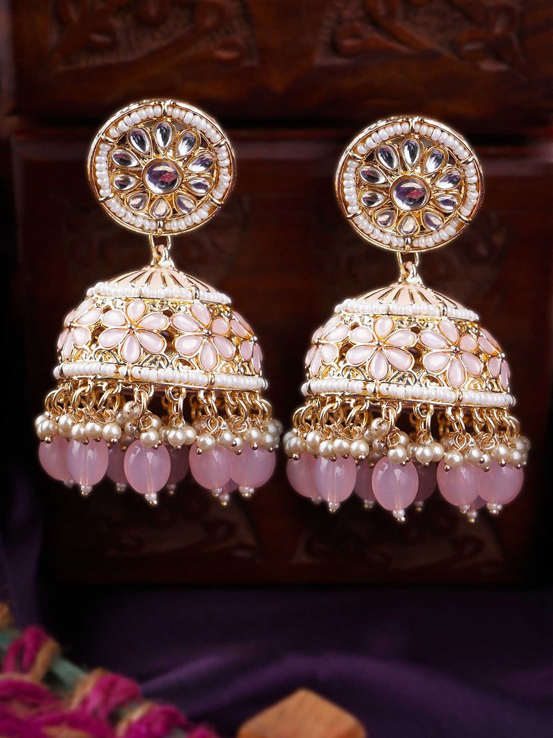 Anouk Gold-Plated Artificial Stones Studded And Beaded Dome Shaped Jhumkas