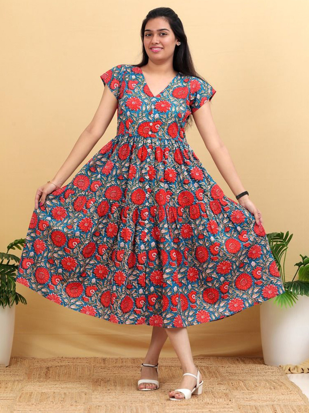 Amaya Floral Printed V-Neck Tiered Cotton Fit and Flare Midi Dress