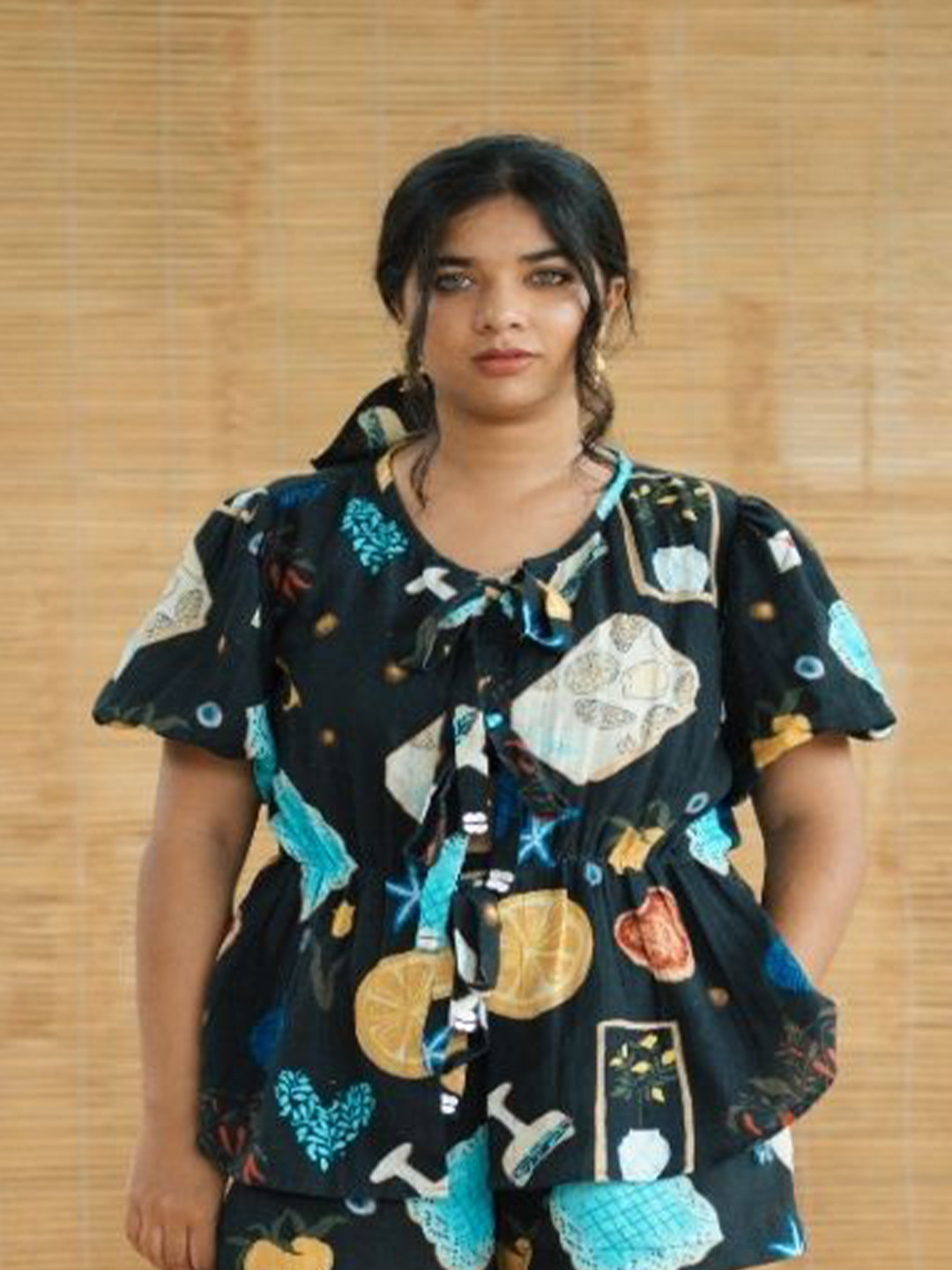 LABEL SUGAR Women Printed Puff Sleeve Linen Top