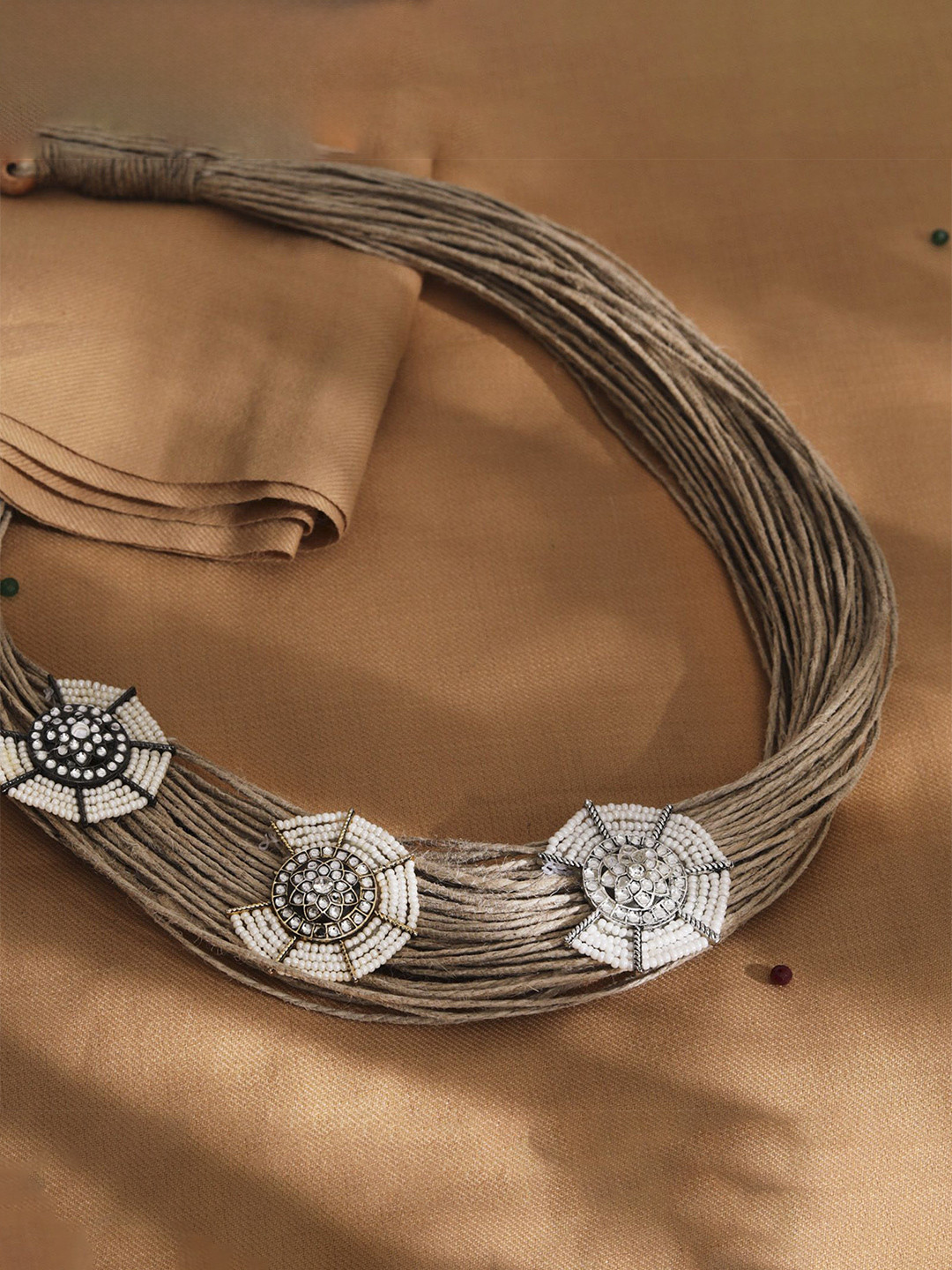 Saagah German Silver Artificial Stones Studded And Beaded Tribal Statement Necklace