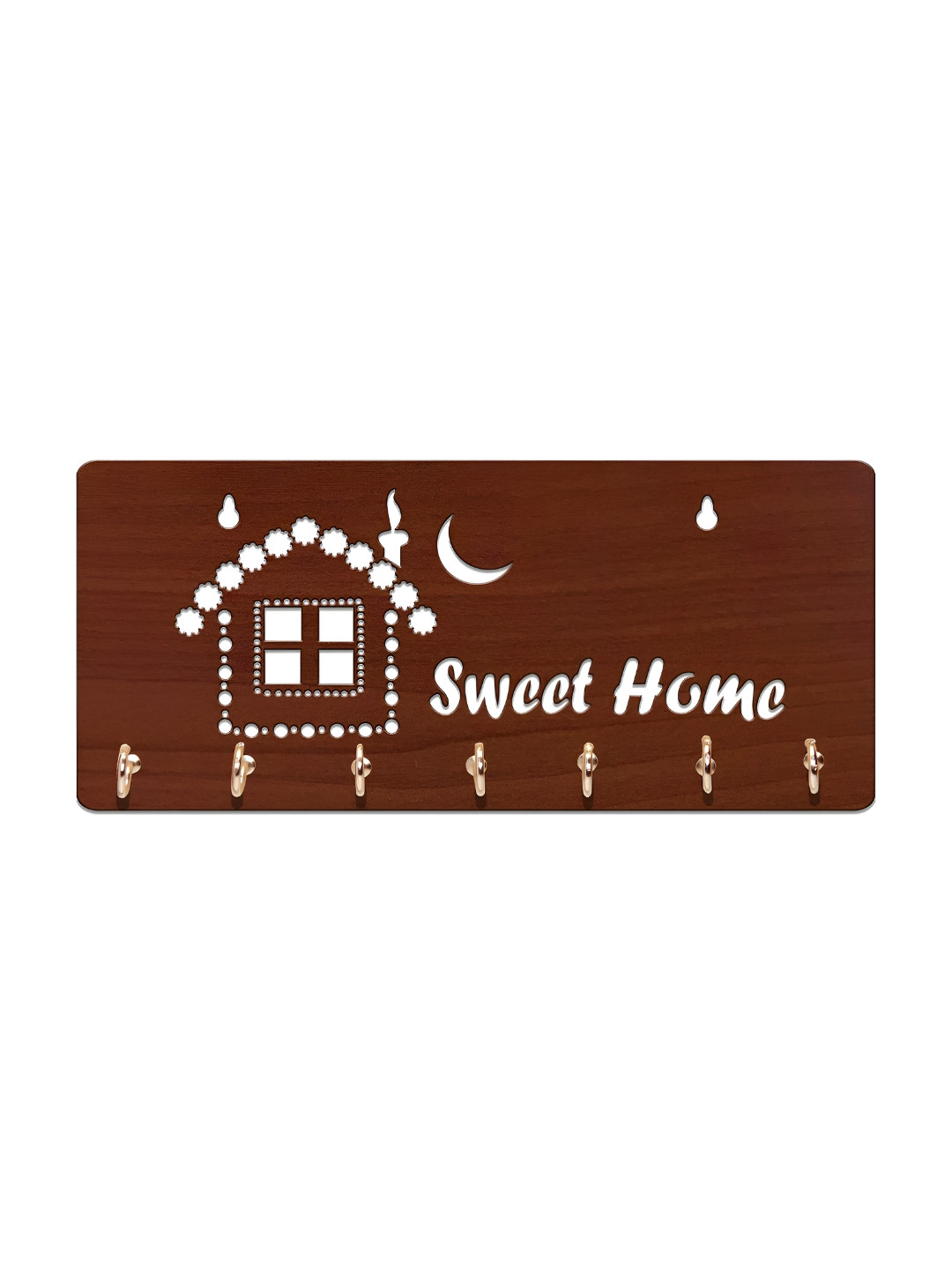 SEHAZ ARTWORKS Brown & Silver-Toned Sweet Home Wooden 7 Hooks Wall Key Holder