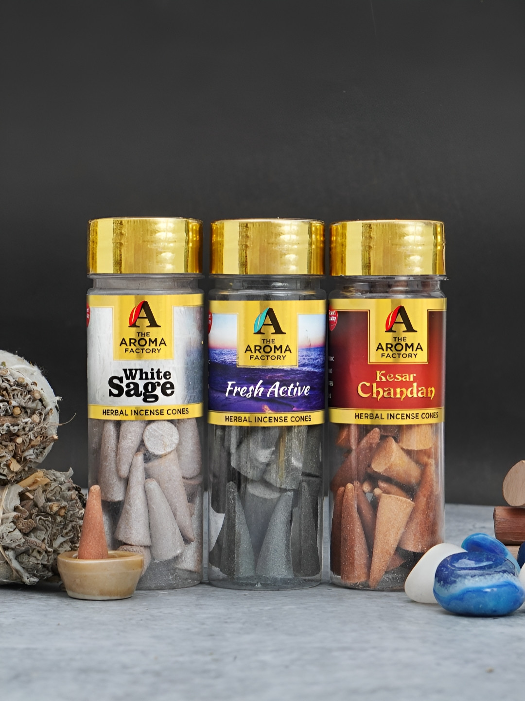 The Aroma Factory 3-Pcs Brown & Grey Non Toxic Herbal Low Smoke Incense Cones