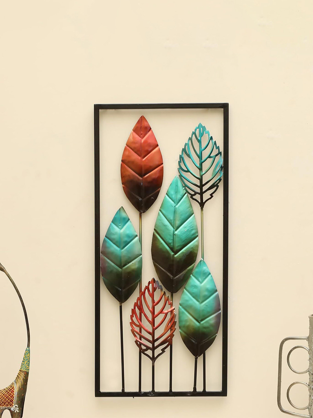 vedas Rectangular Leaf, W-Kinjal Metal Glossy Hanging Hall Wall Hangings-22In