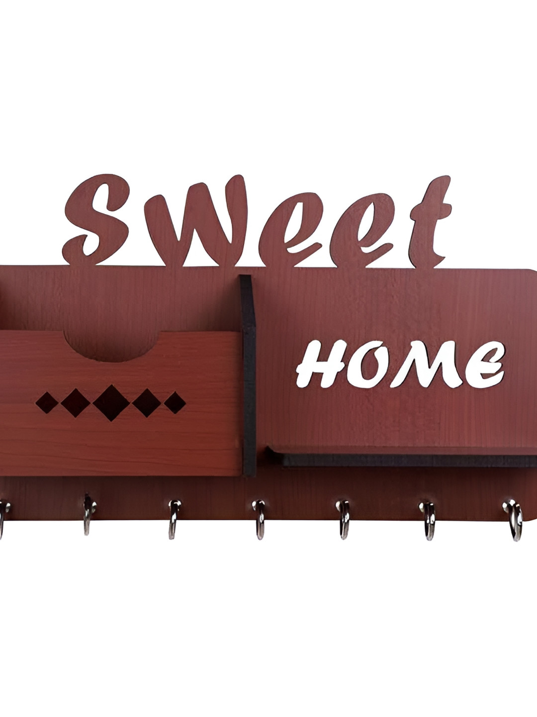 SEHAZ ARTWORKS Brown & Silver-Toned Sweet Home 7 Hooks Wooden Key Holder