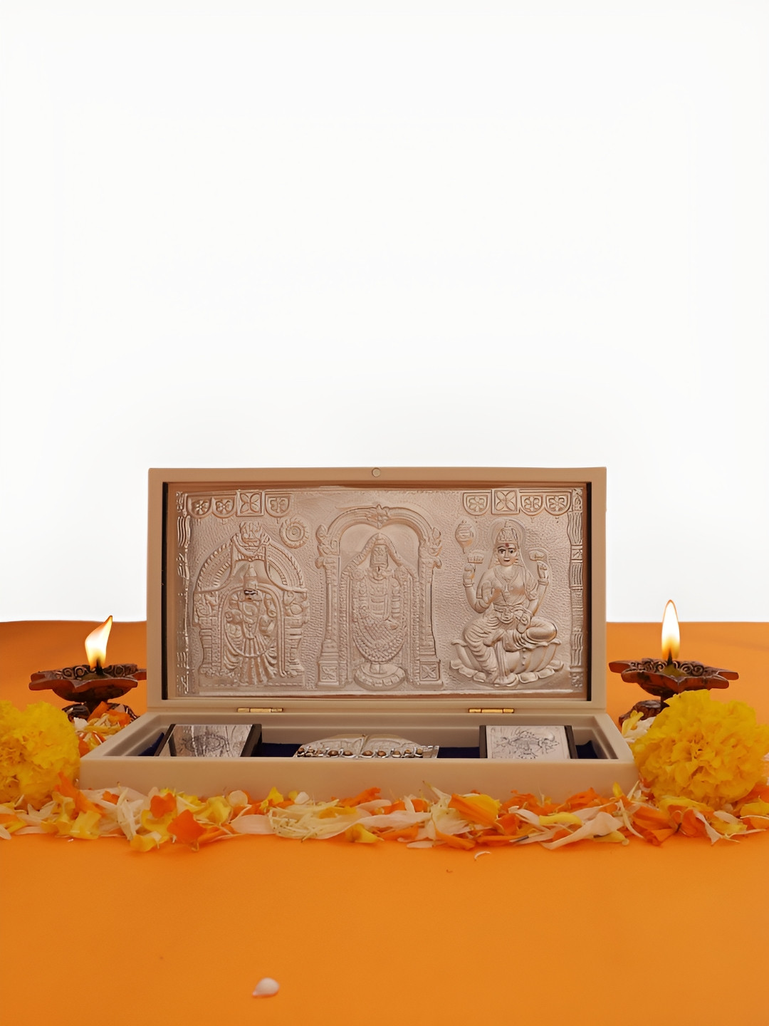 INTERNATIONAL GIFT Balaji Charan Paduka Box with Frame Silver Metal Metallic Prayer Room Large Showpiece - 5 Inches