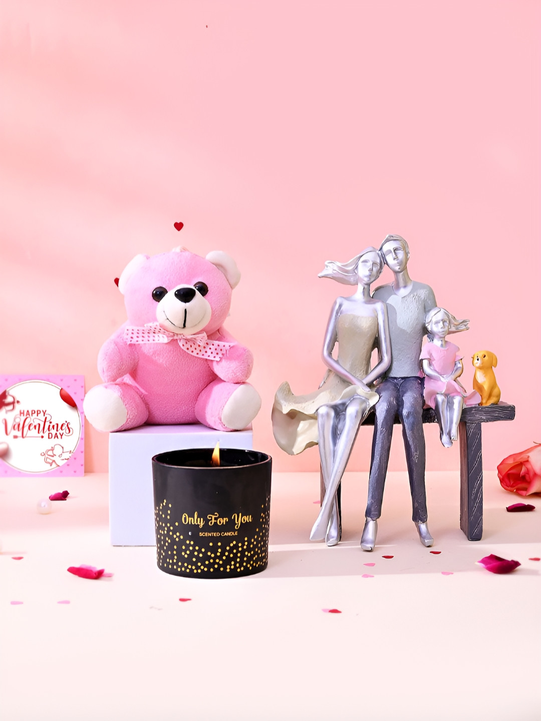 TAYHAA Pink And White 3 Pieces Family Statue Showpiece With Candle And Teddy Gift Set