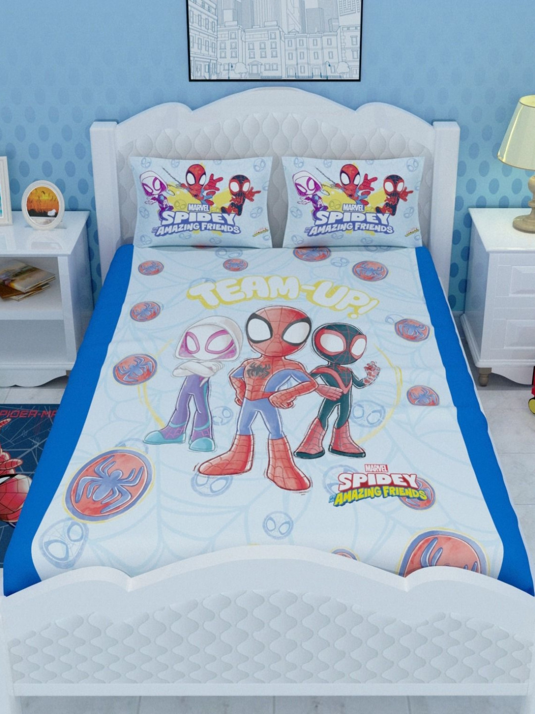 Marvel Kids Blue Conversational Cotton Skin-Friendly 180 TC King Bedsheet with 2 Pillow Covers-114 x 106 inches