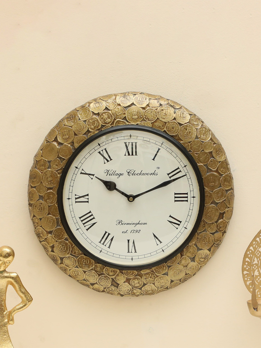 vedas Polished C-Rolling Coins Wood Large Display Round Battery Analogue Wall Clock-30.5cm