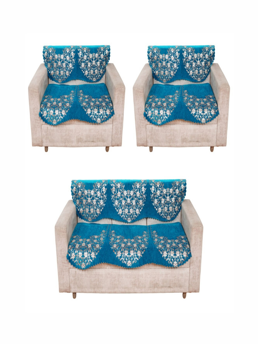Fashion Throw Turquoise Blue & White 7-Seater Floral Printed Jacquard Sofa Covers