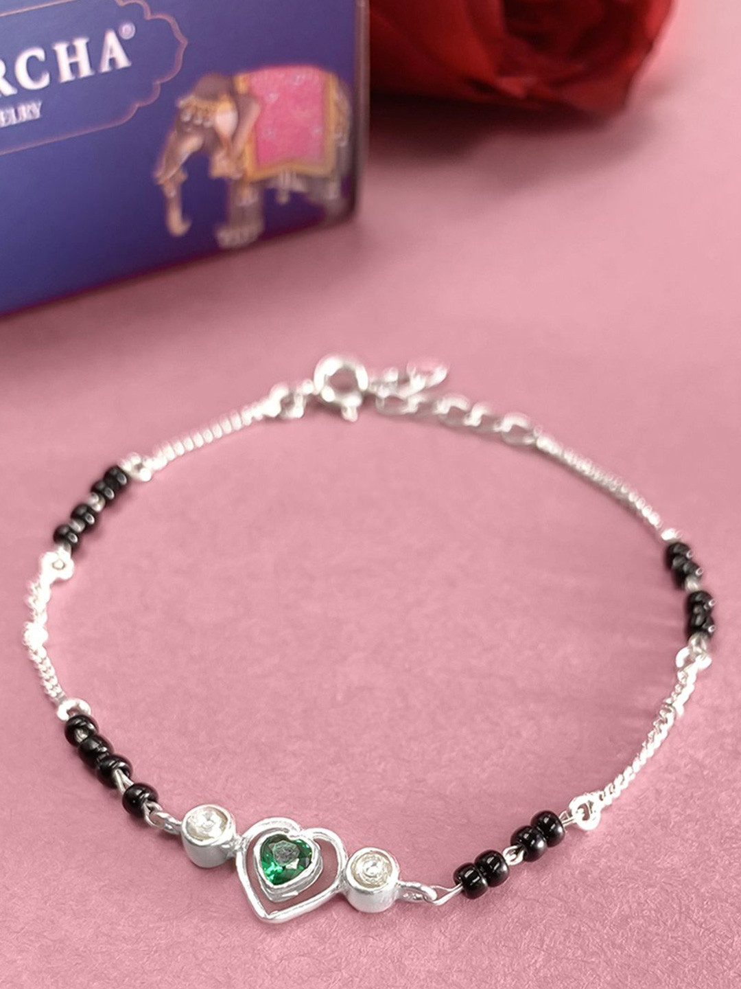 Unniyarcha 92.5 Silver Women Silver Studded & Beaded Minimalist Heart Mangalsutra Wraparound Bracelet