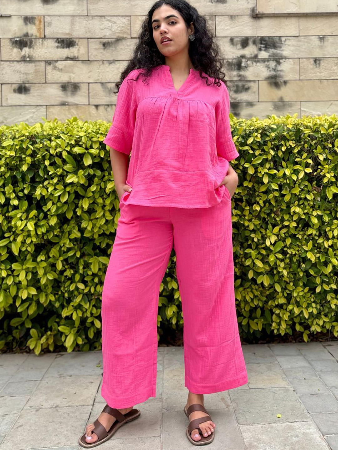 Minimul Berry Guaze V-Neck Pure Cotton Jhabla Set