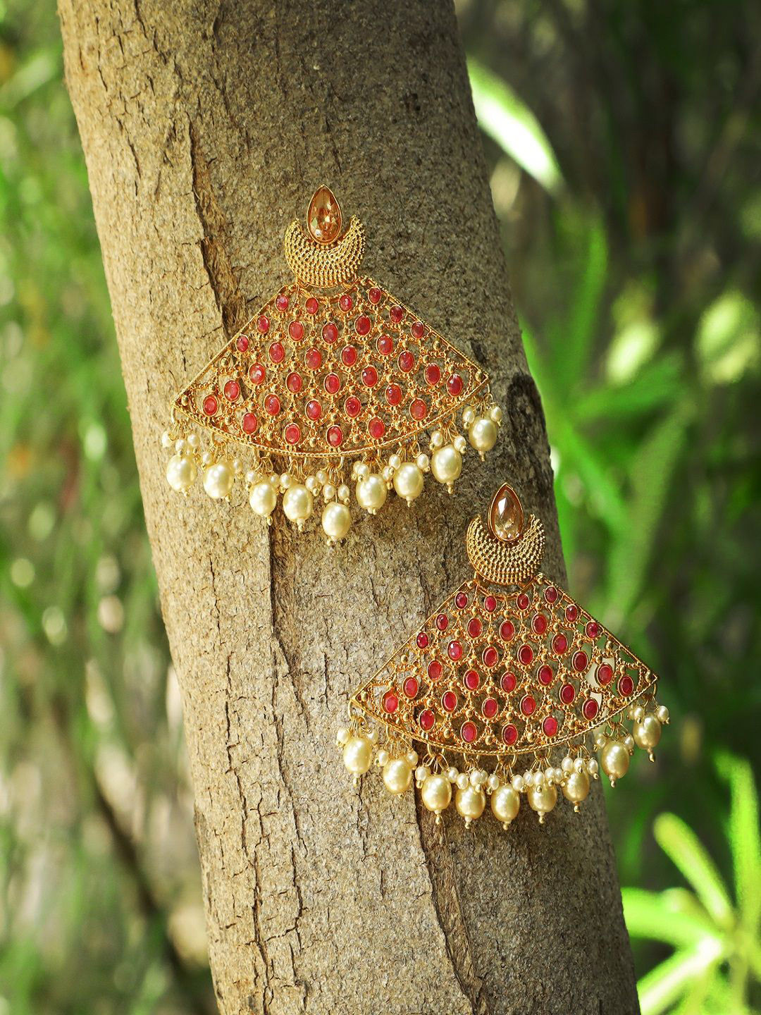 Anouk Orange Gold-Plated Artificial Stones Studded And Beaded Contemporary Drop Earrings