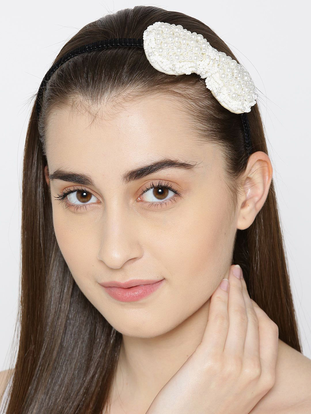 Priyaasi Women Designer Pearls And Beaded Black-Cream Colour Bow Shaped Hairband