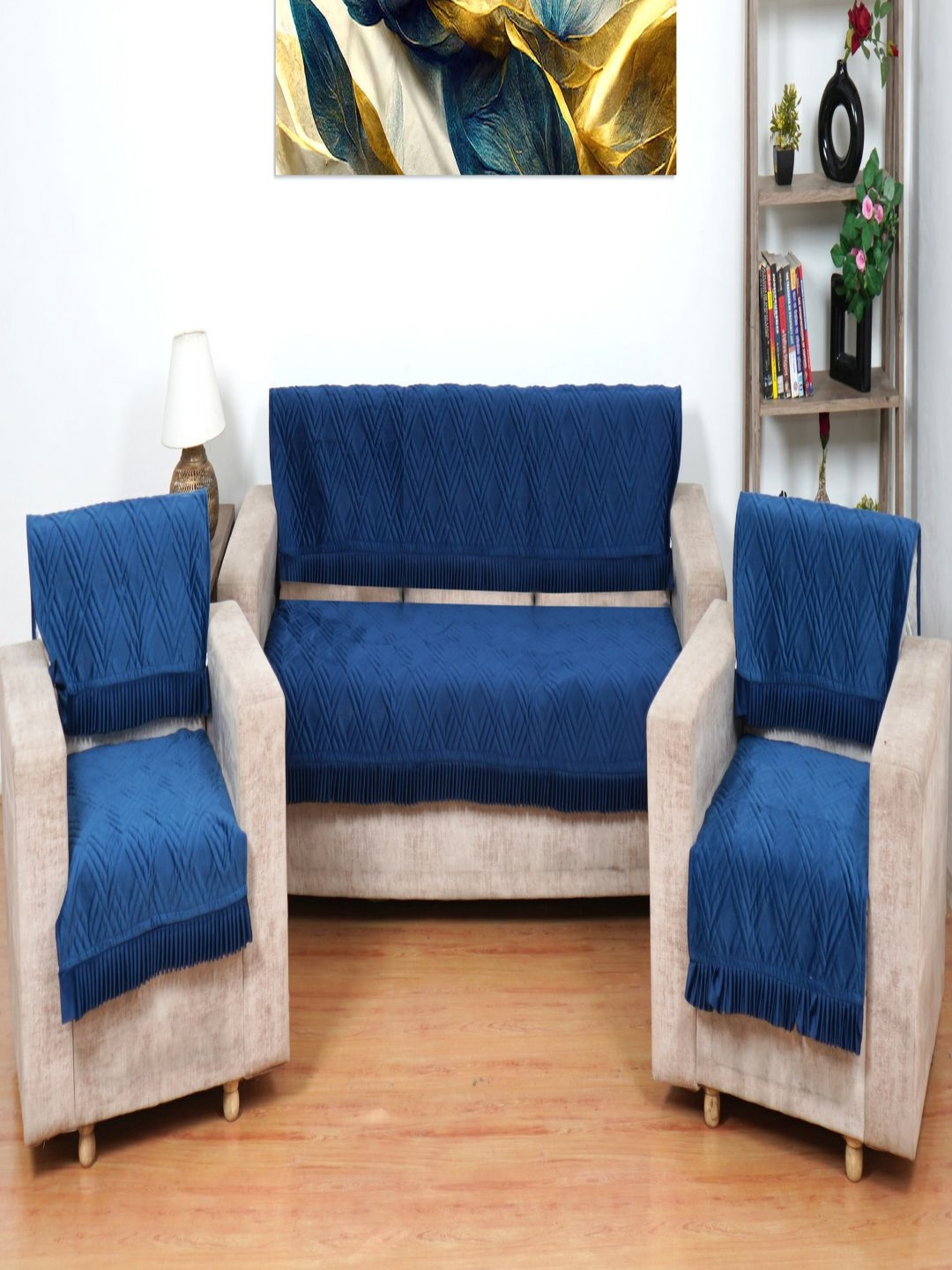 Fashion Throw Teal Blue 6 Pieces Self Design 5 Seater Velvet Sofa Covers