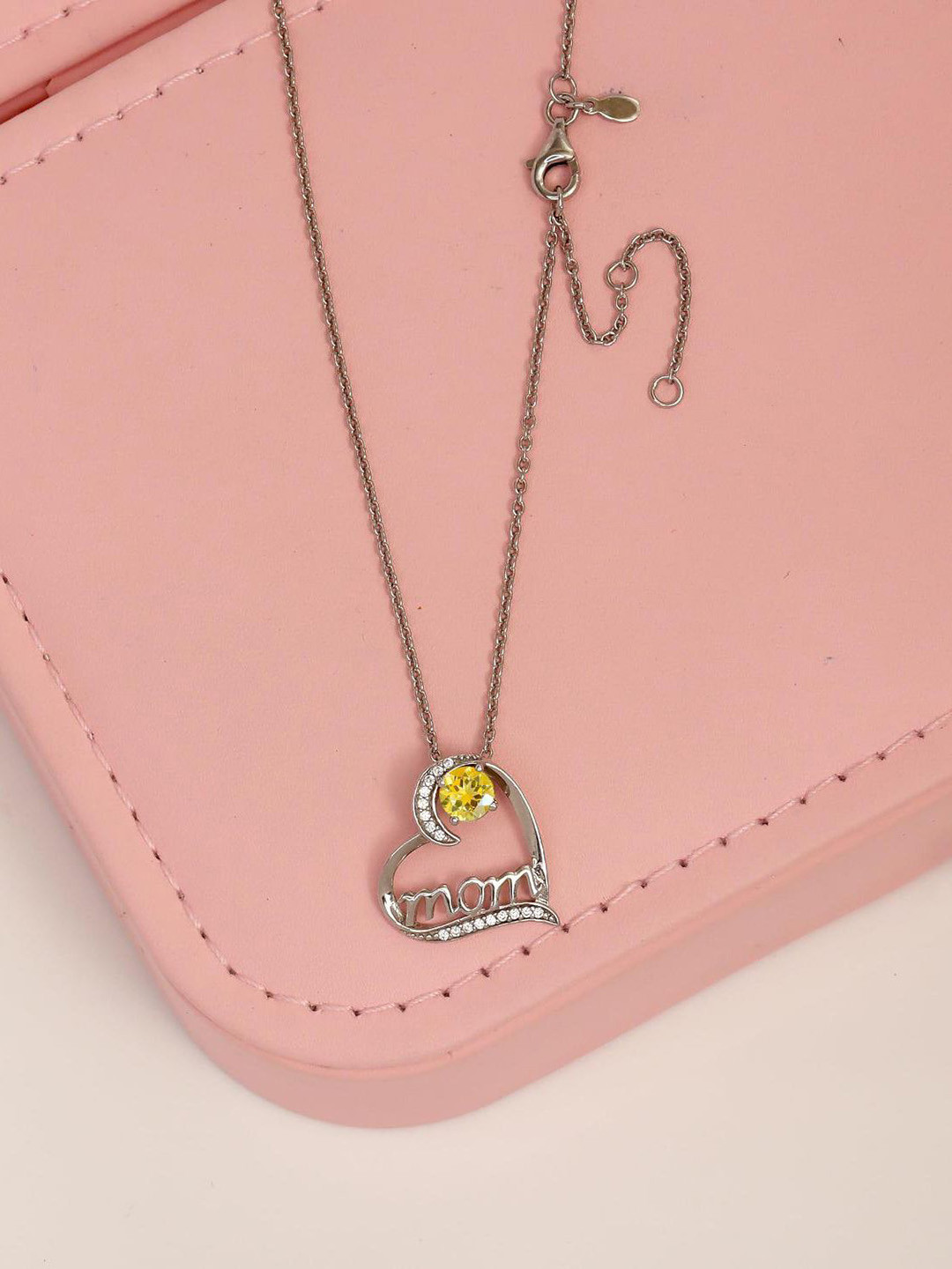 LeCalla 925 Sterling Silver Silver-Plated Citrine Studded Heart Shaped Pendant & Chain
