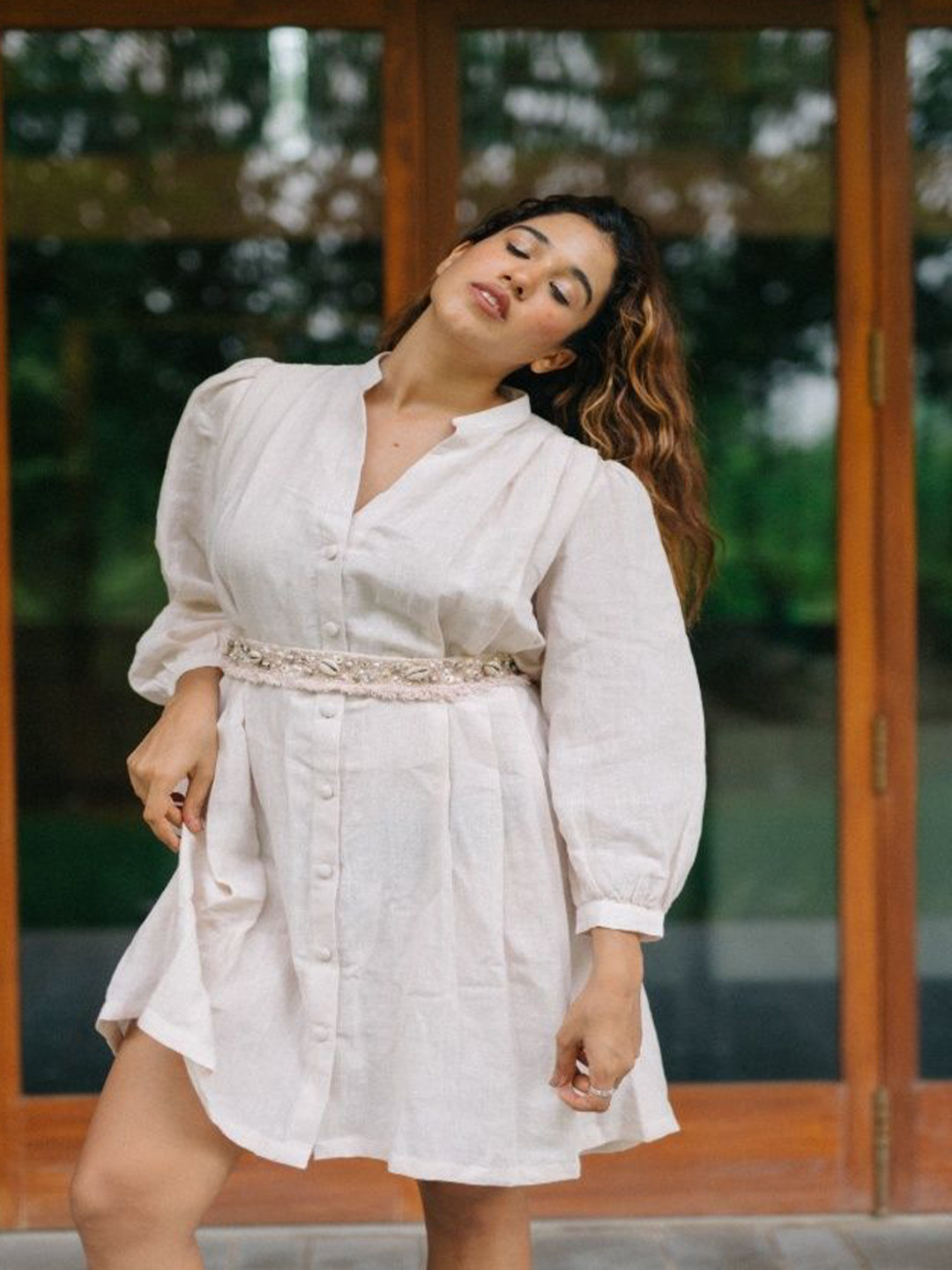 LABEL SUGAR Women Mandarin Collar Linen Shirt Mini Dress