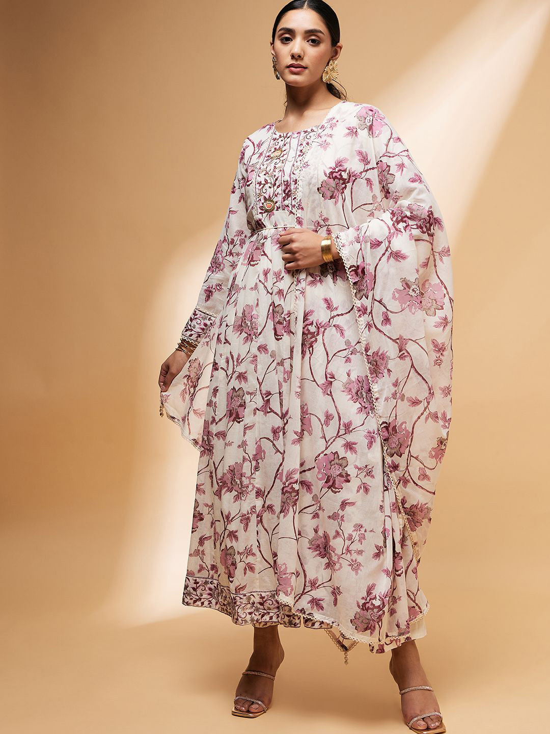 CHETI Floral Printed Pleated Thread Work  Anarkali Kurta With Trouser And Dupatta