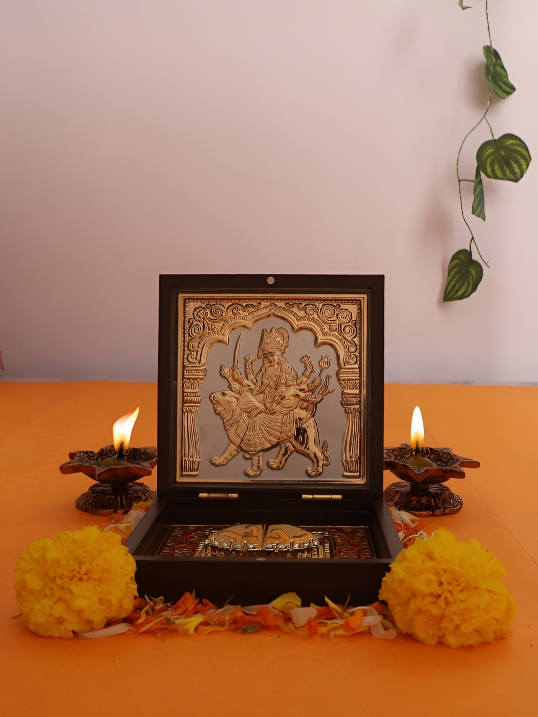 INTERNATIONAL GIFT Durga Mata Charan Paduk Gold Metal Metallic Prayer Room Medium Showpiece - 1.8 Inches