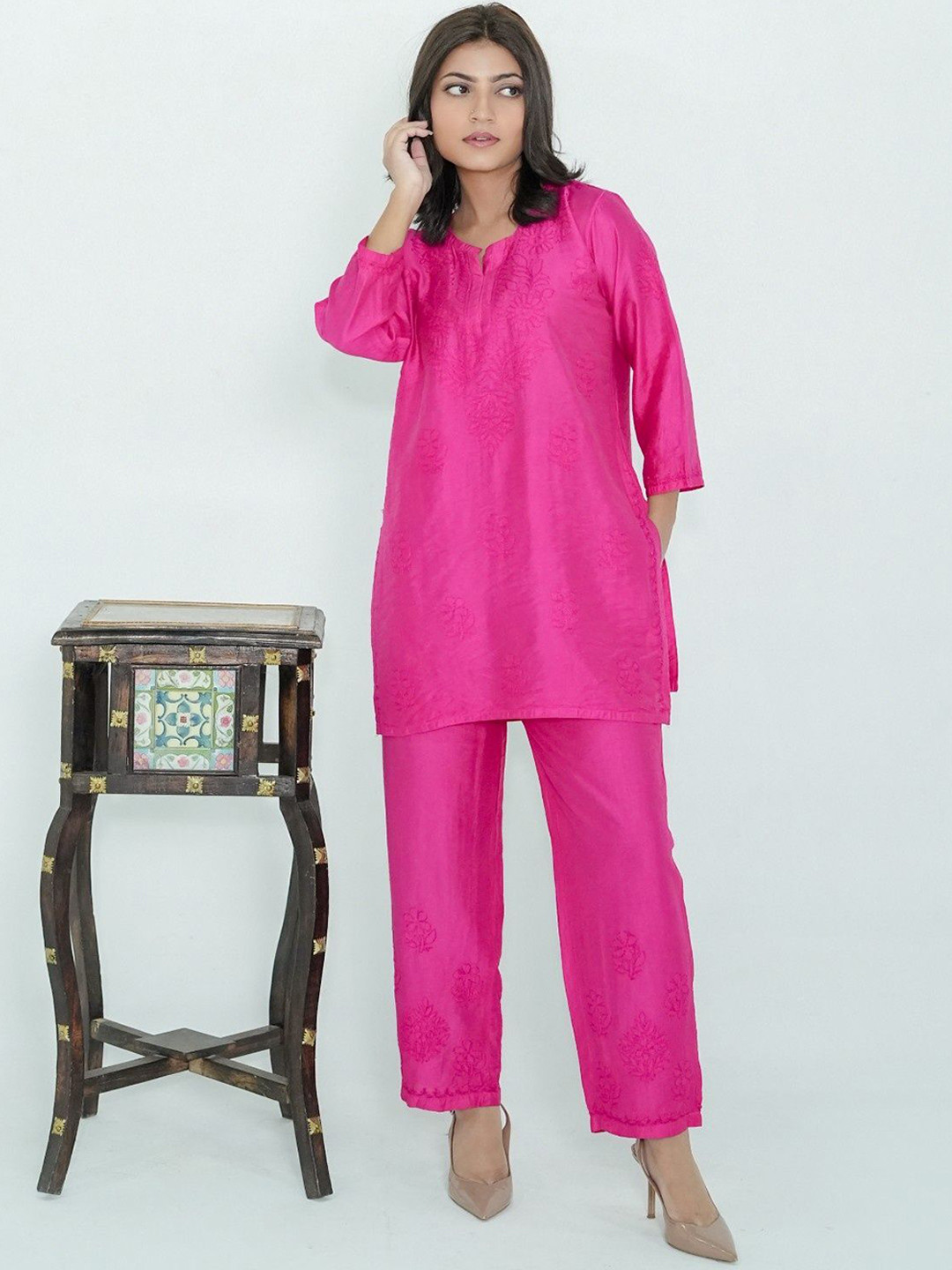 Ethnic Threads Floral Embroidered Chikankar Chanderi Silk Tunic With Trousers