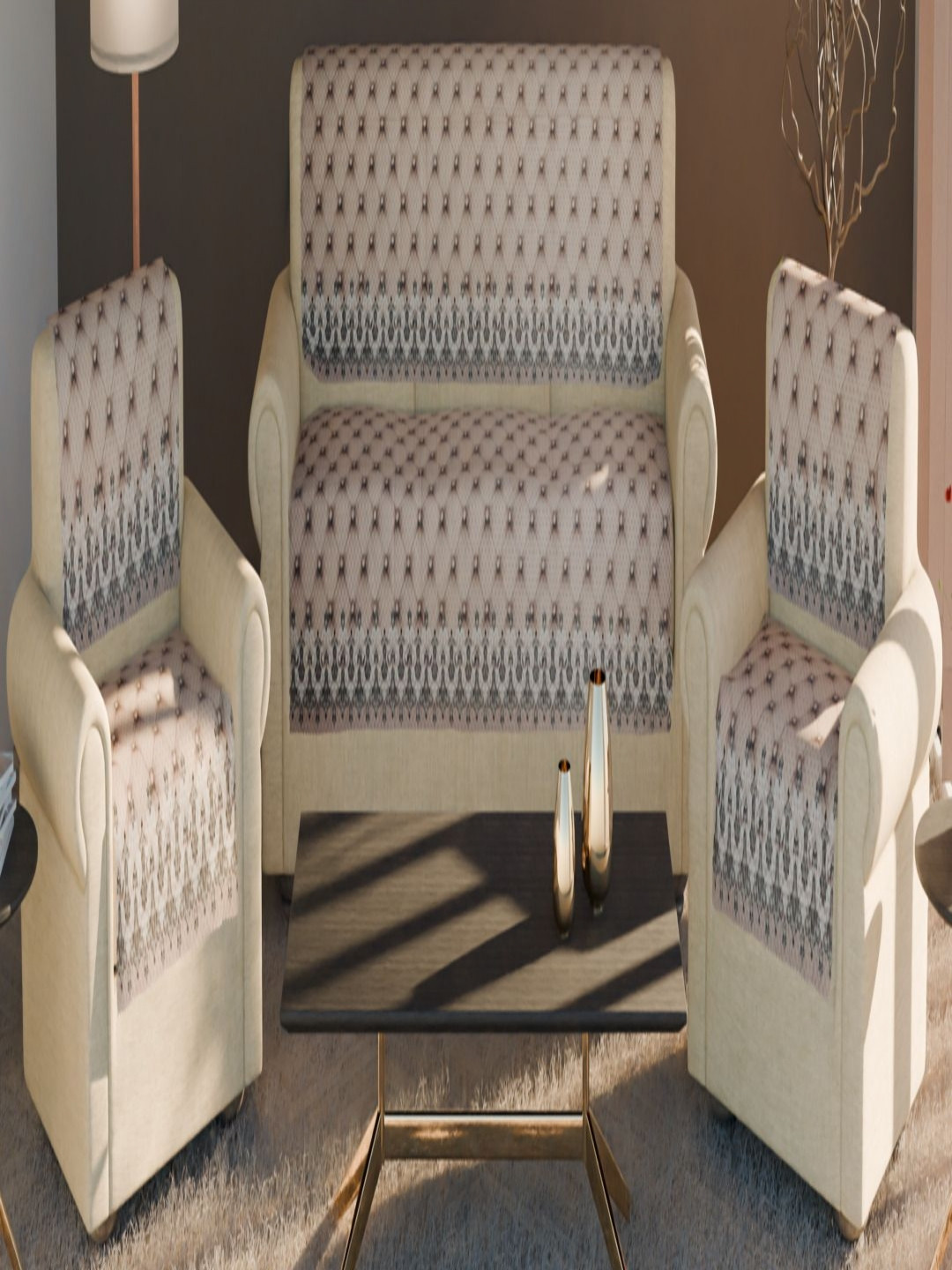 Fashion Throw Beige & Cream Colored 6 Pieces Printed Velvet 5 Seater Sofa Cover