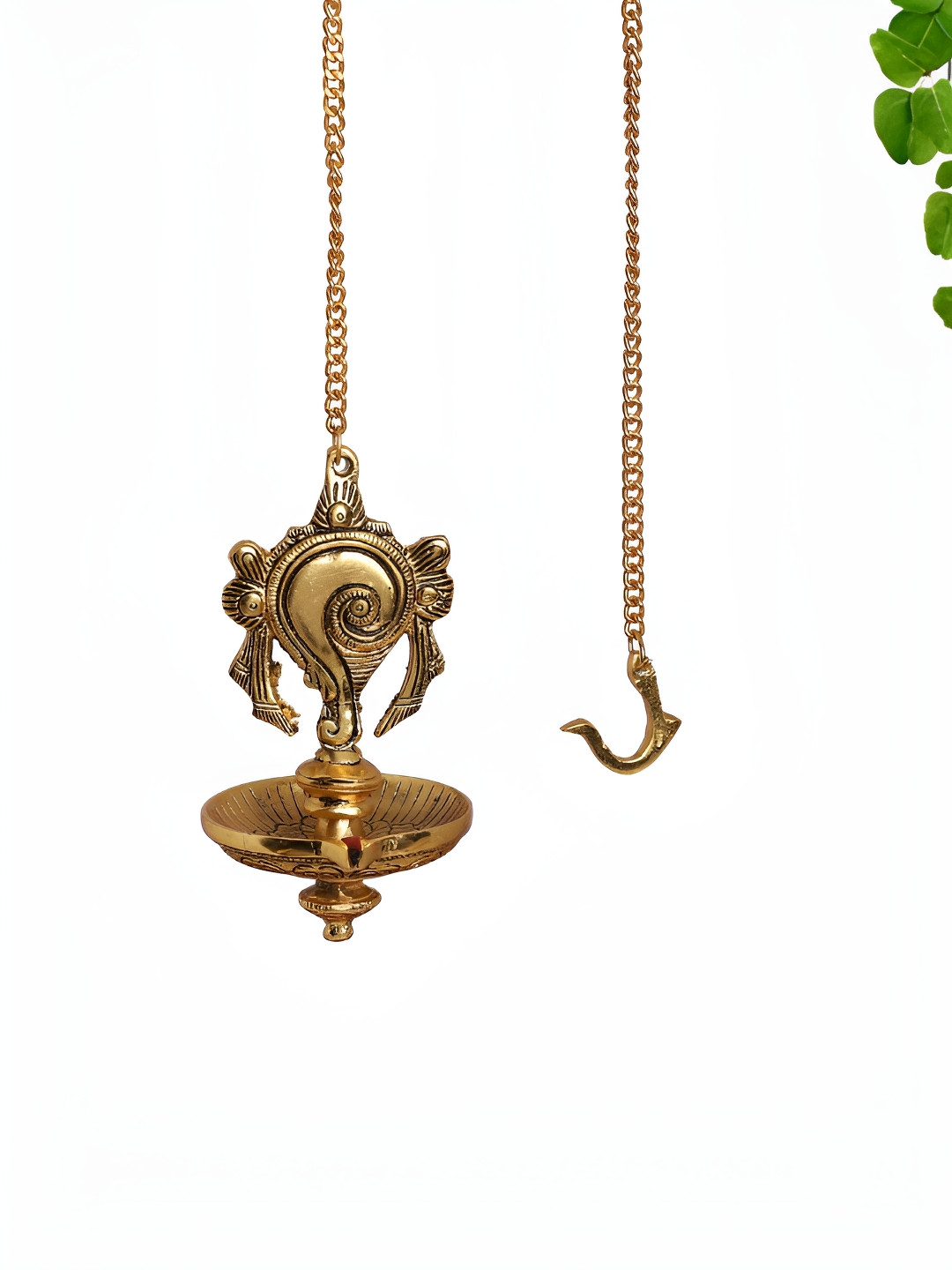 INTERNATIONAL GIFT Hanging Shankh Diya with Chain Hook Gold Metal Metallic Prayer Room Medium Showpiece - 2.4 Inches