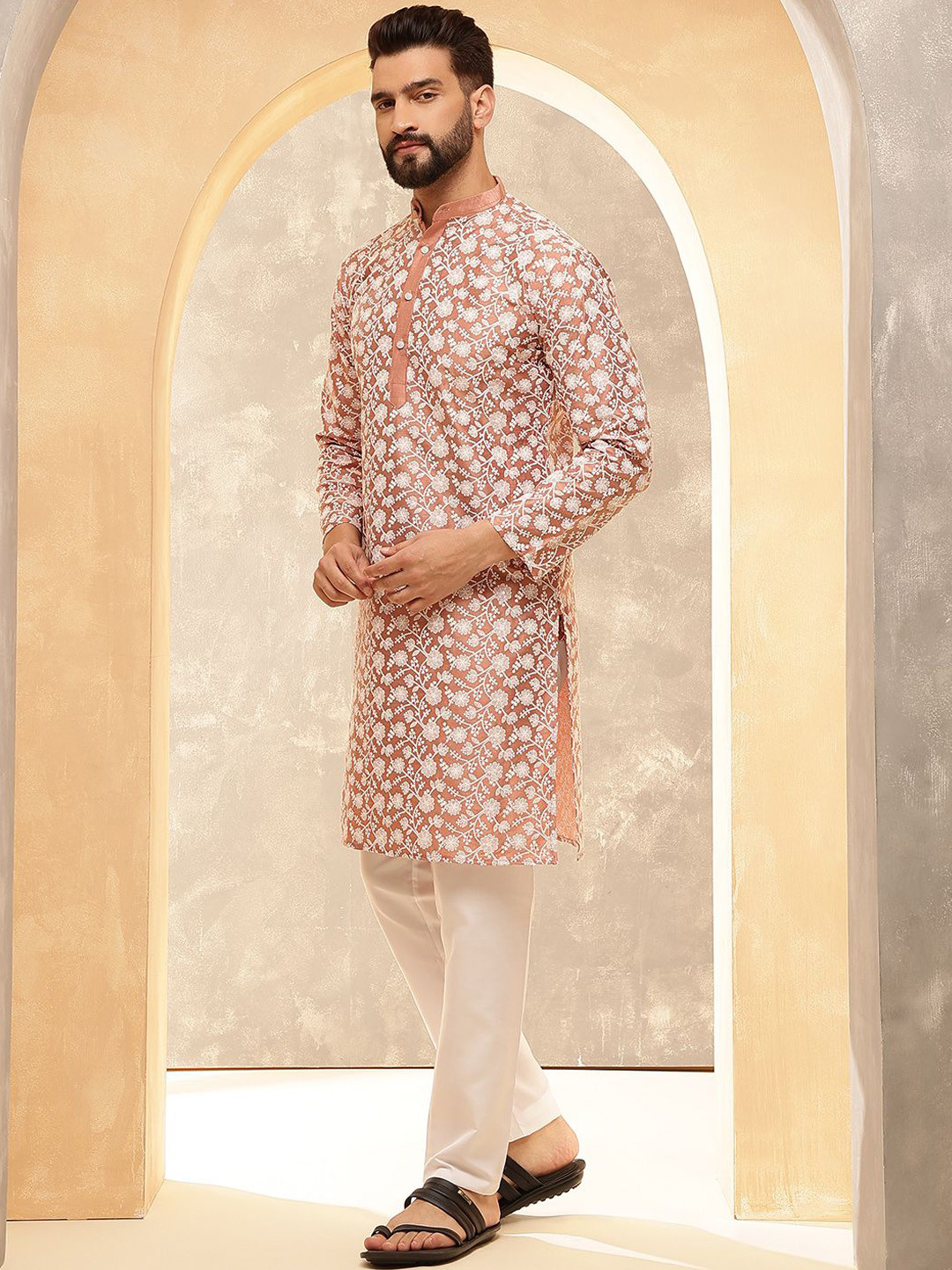 Anouk Peach & White Band Collar Floral Embroidered Straight Kurta
