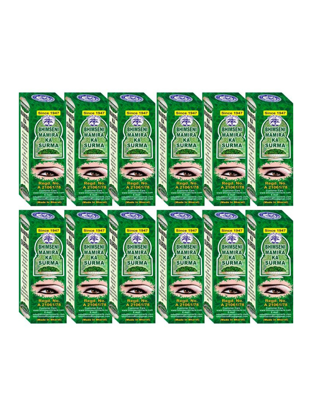 Bhimseni Karyalay Set Of 12 Mamira Smudge Proof Surma With Triphala Bhasm - 0.72 g Each