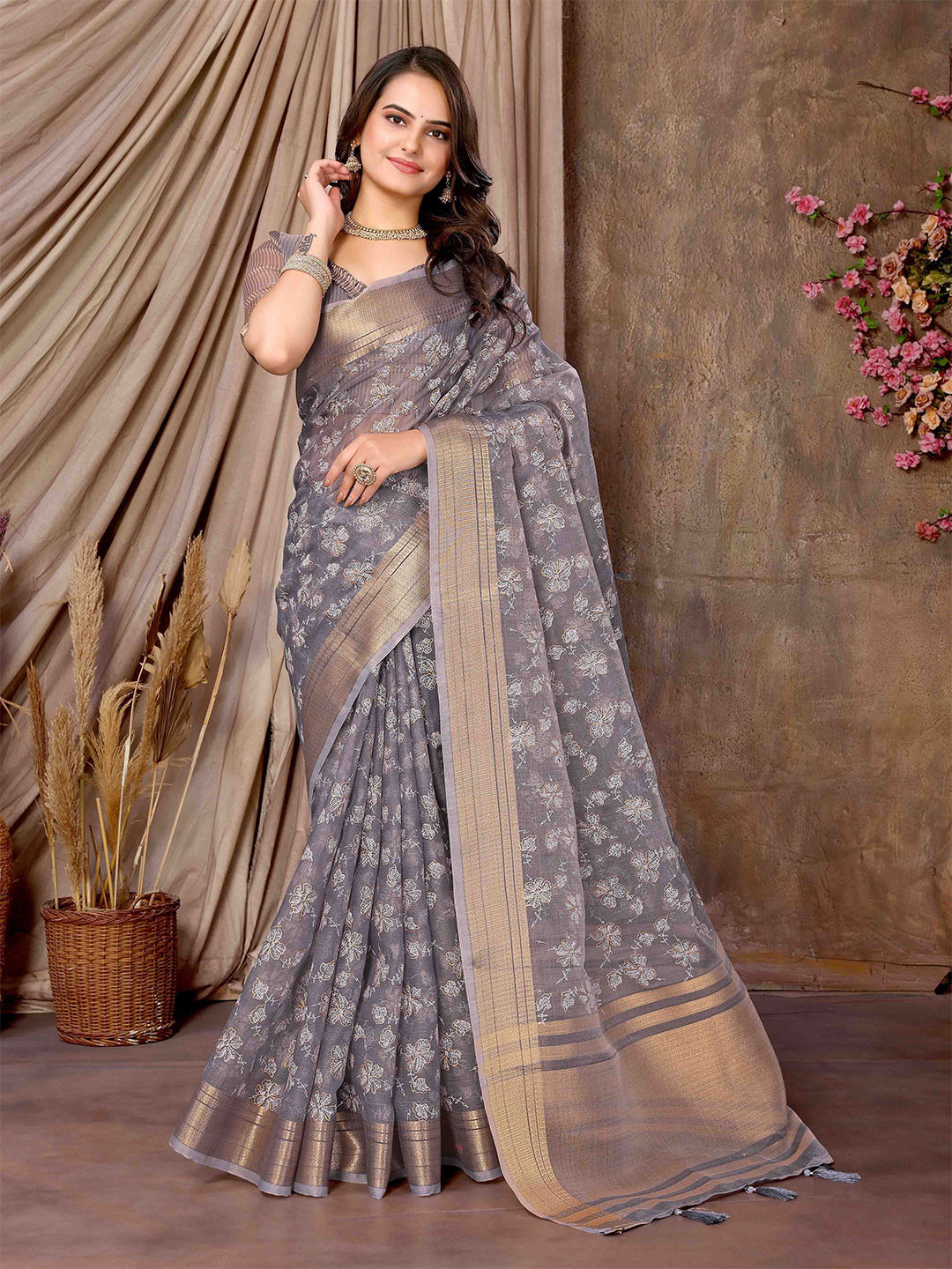 Blissta Floral Zari Block Print Saree