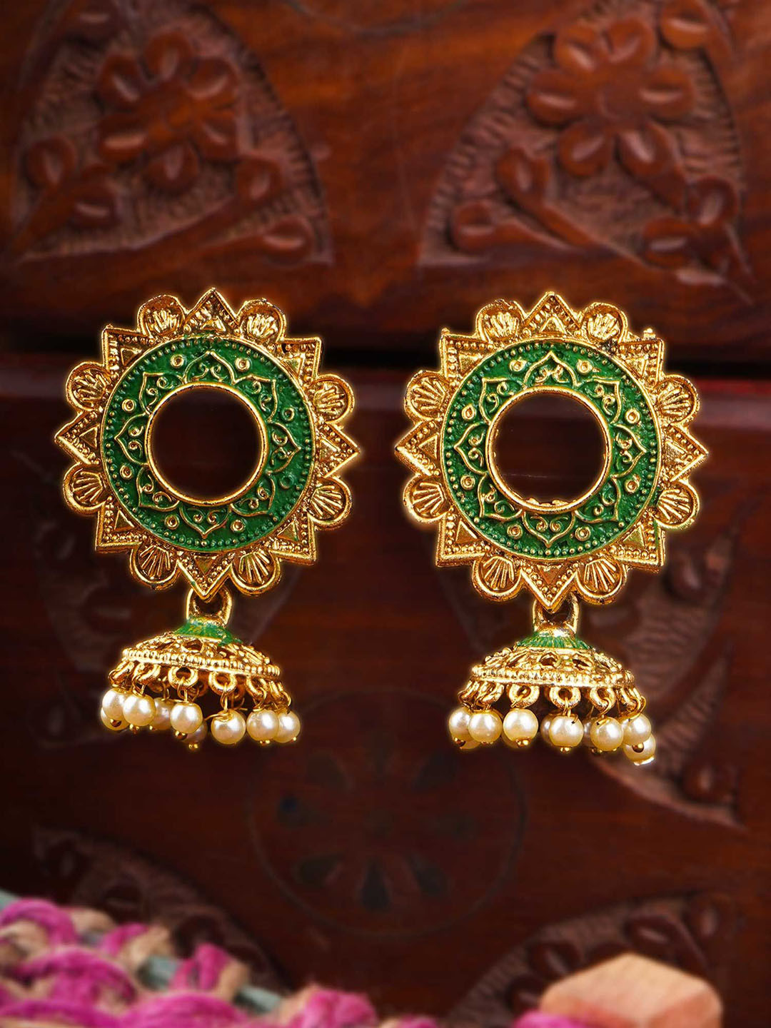 Anouk 24 CT Gold-Toned And Green Artificial Beaded Dome Shaped Jhumkas