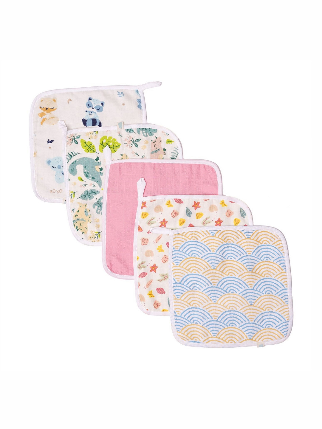 TIDY SLEEP Kids White & Pink 5 Pieces Printed Cotton Muslin 150 GSM Face Towels