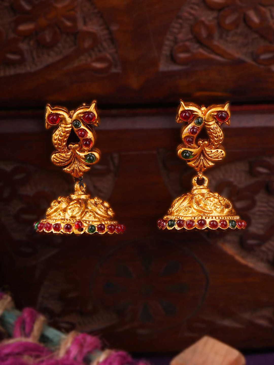 Anouk Pink 24K Gold-Plated Artificial Studded Dome Shaped Jhumkas