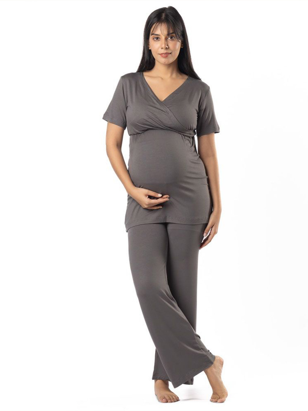 Block Hop Women Charcoal Grey Maternity Everyday Night suits